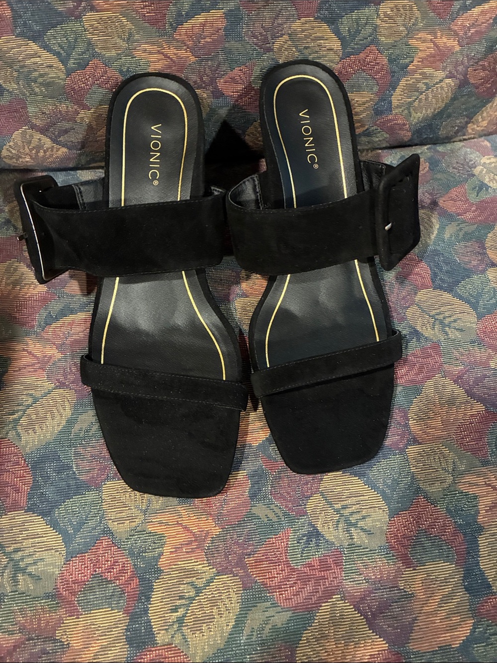Vionic Black Suede Two-Strap Slide Mules with Buckle